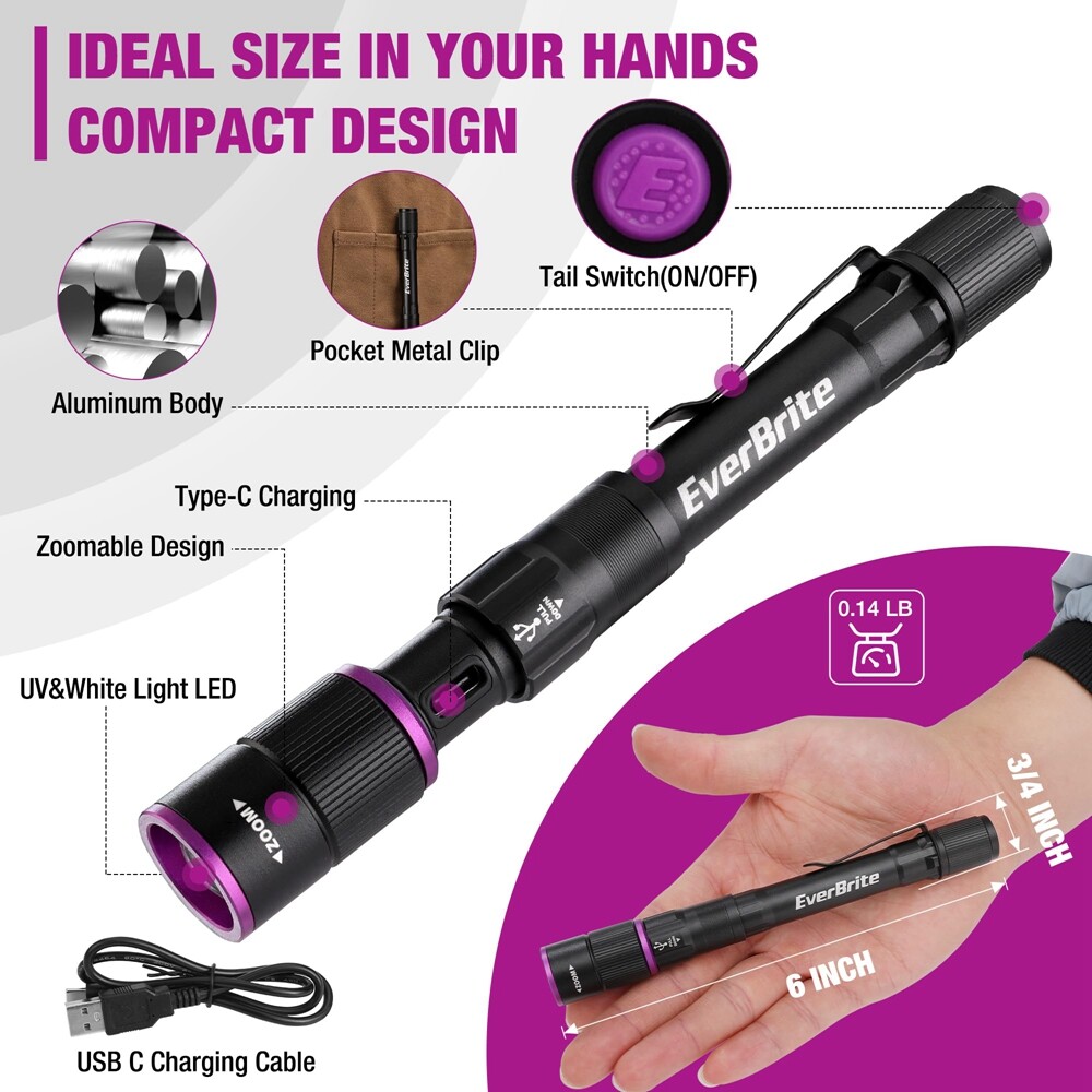 EverBrite Rechargeable Pen Flashlight with UV Light and White Light 4 Mode New