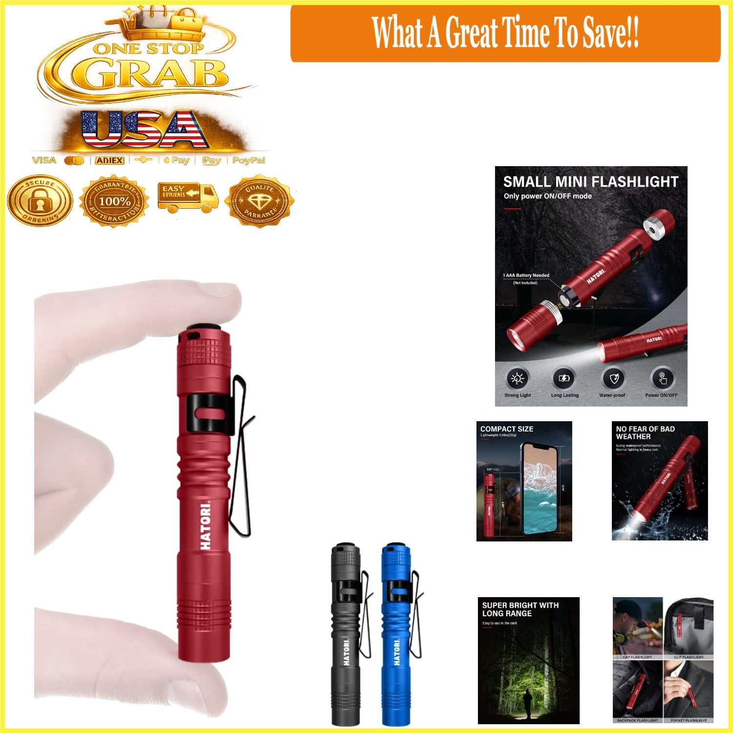 Mini LED Flashlight 150 Lumens Pocket Clip-On Aluminum Water Resistant Black