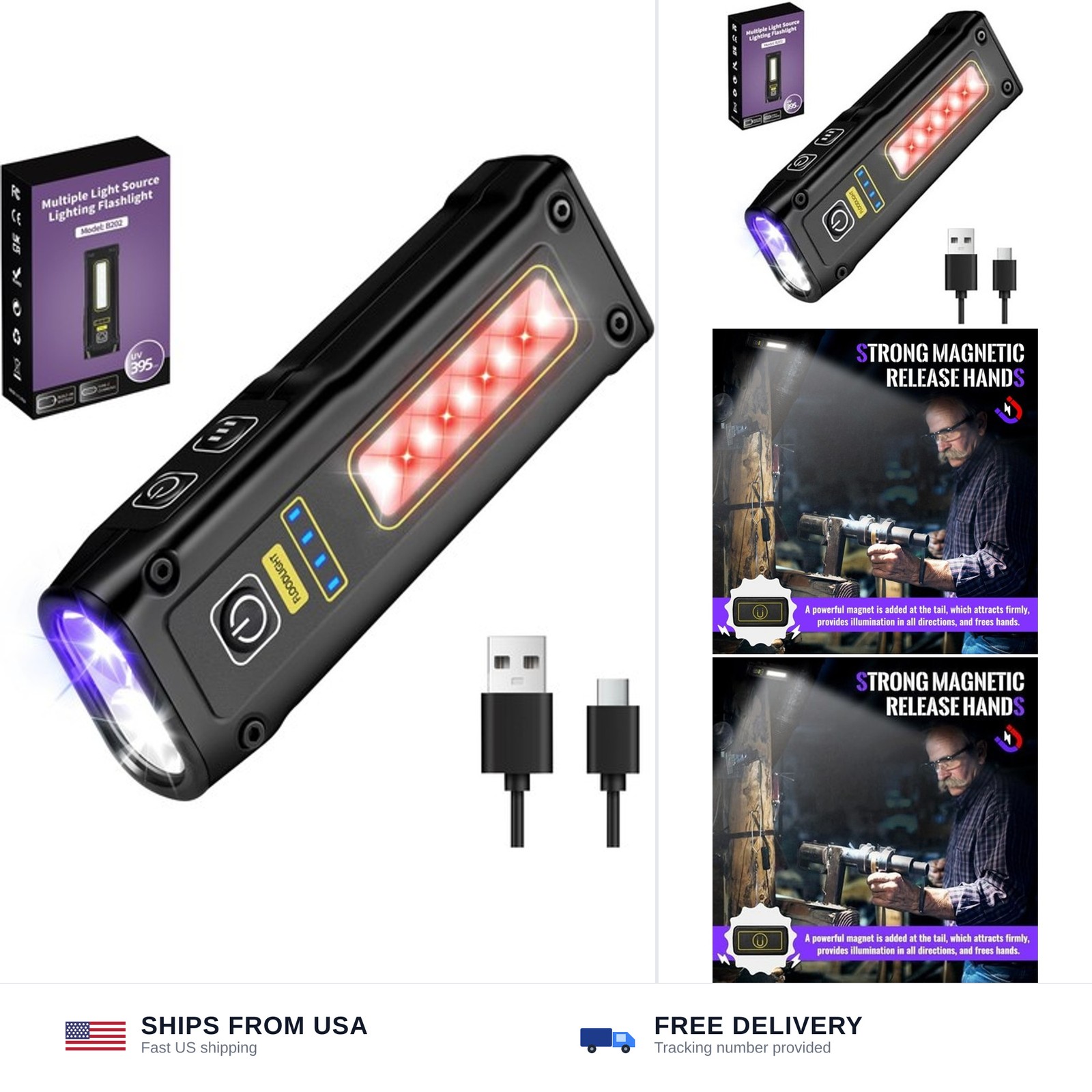 Flashlight UV Light 395nm, Blacklight EDC Flashlights Mini LED high Lumen USB…
