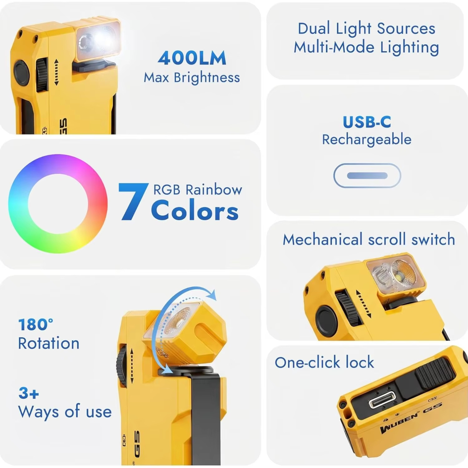 WUBEN G5 Yellow Flashlight 400Lm RGB 180° Rotating Head Magnetic Keychain Type-C