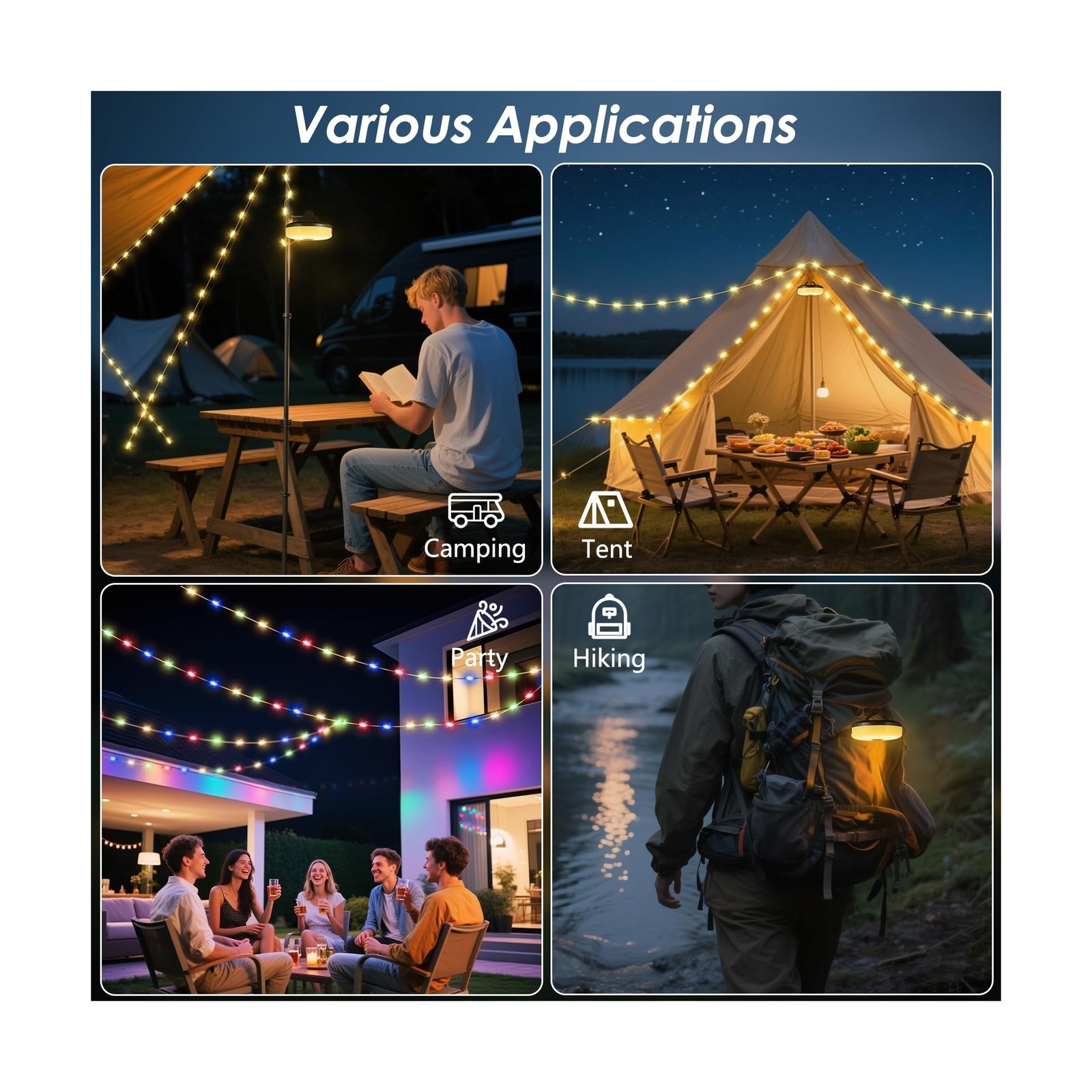 2Pack Camping String Lights, 4-in-1 Quick Storage Camp Light, 8Mode 32.8FT Ha…