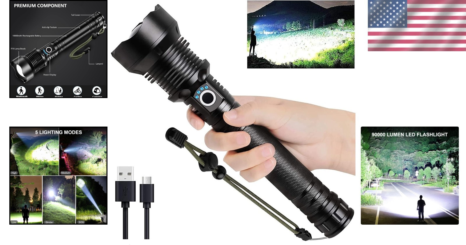 90,000 Lumens Rechargeable LED Flashlight – Waterproof & 5 Modes for Emergencies