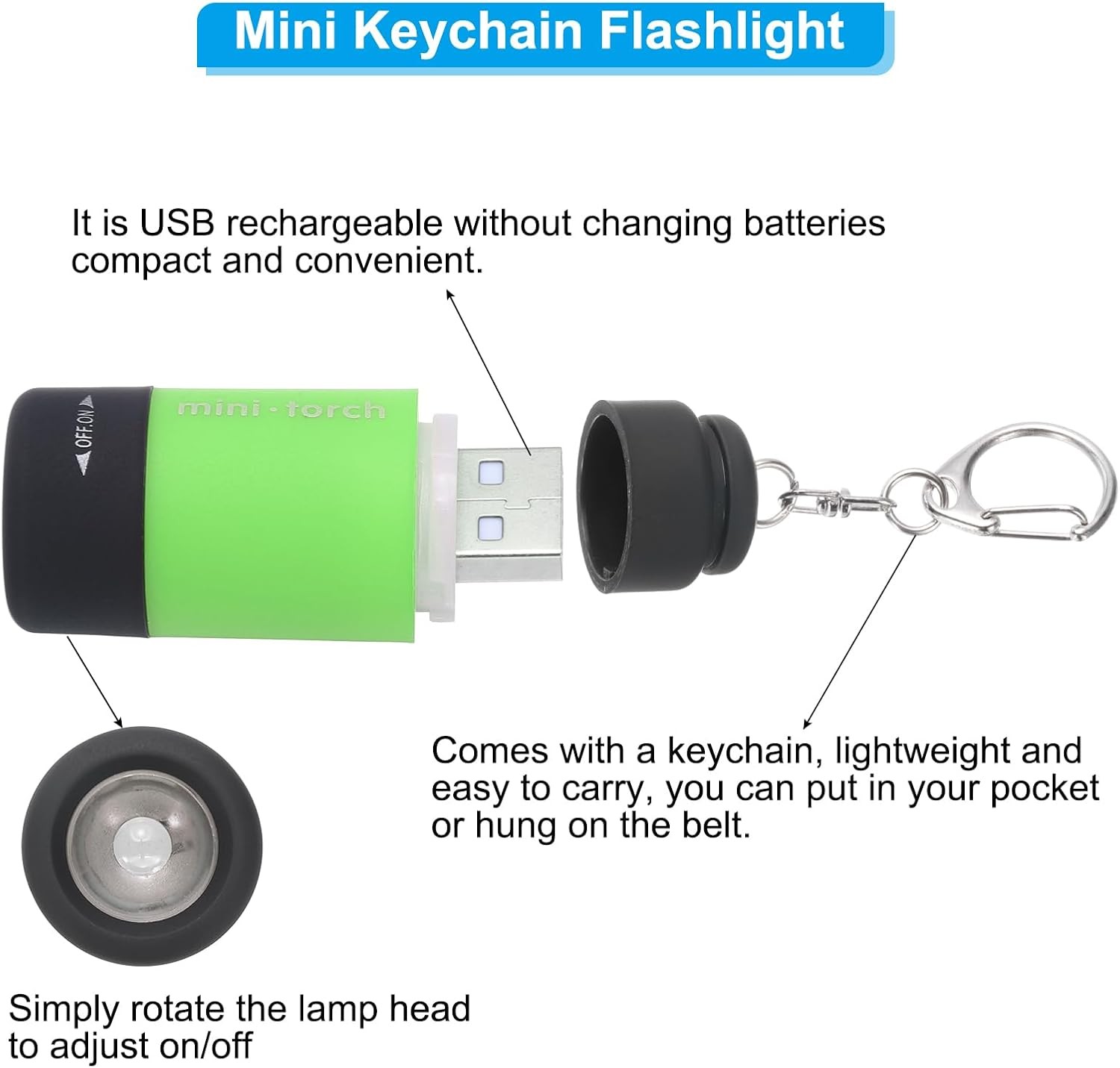 1/4x Mini Keychain Light,USB Rechargeable Keychain Flashlights Small Flashlights
