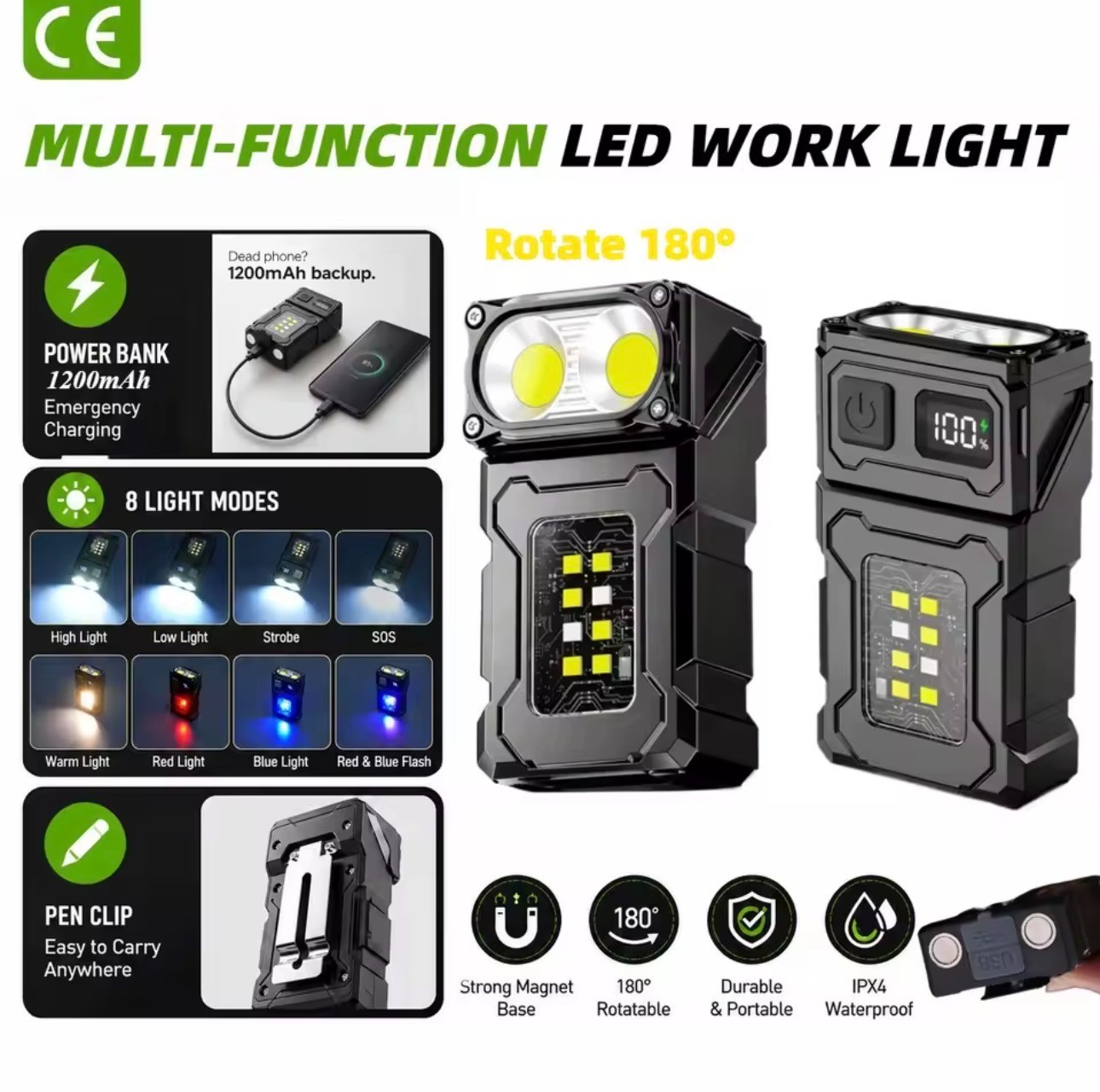 1200 Lumens Super Bright LED Tactical Flashlight Rechargeable LED Work Light