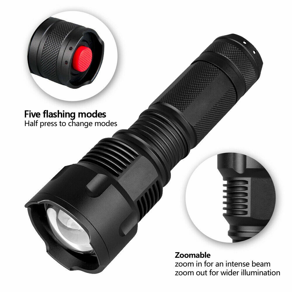 990000LM Adjustable Focus LED Flashlight Torch Light 26650 Zoom 3 Modes Lights