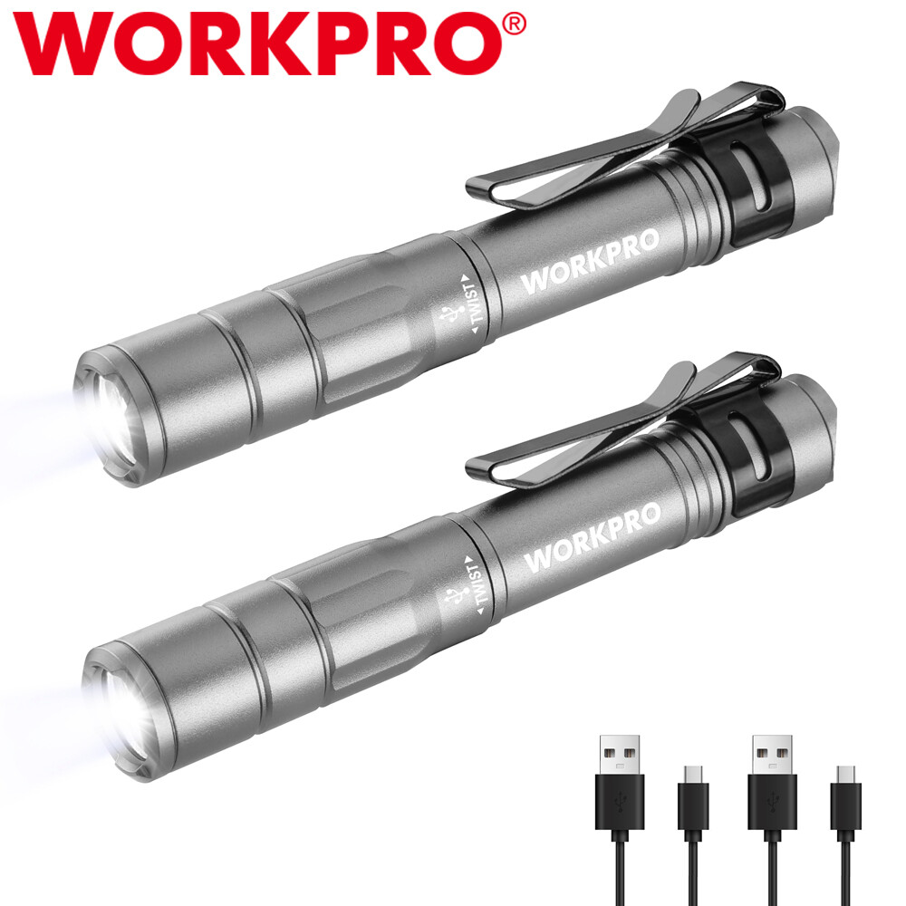 WORKPRO 2Pack Rechargeable Pen Light 4 Lighting Modes Handheld Pocket Flashlight