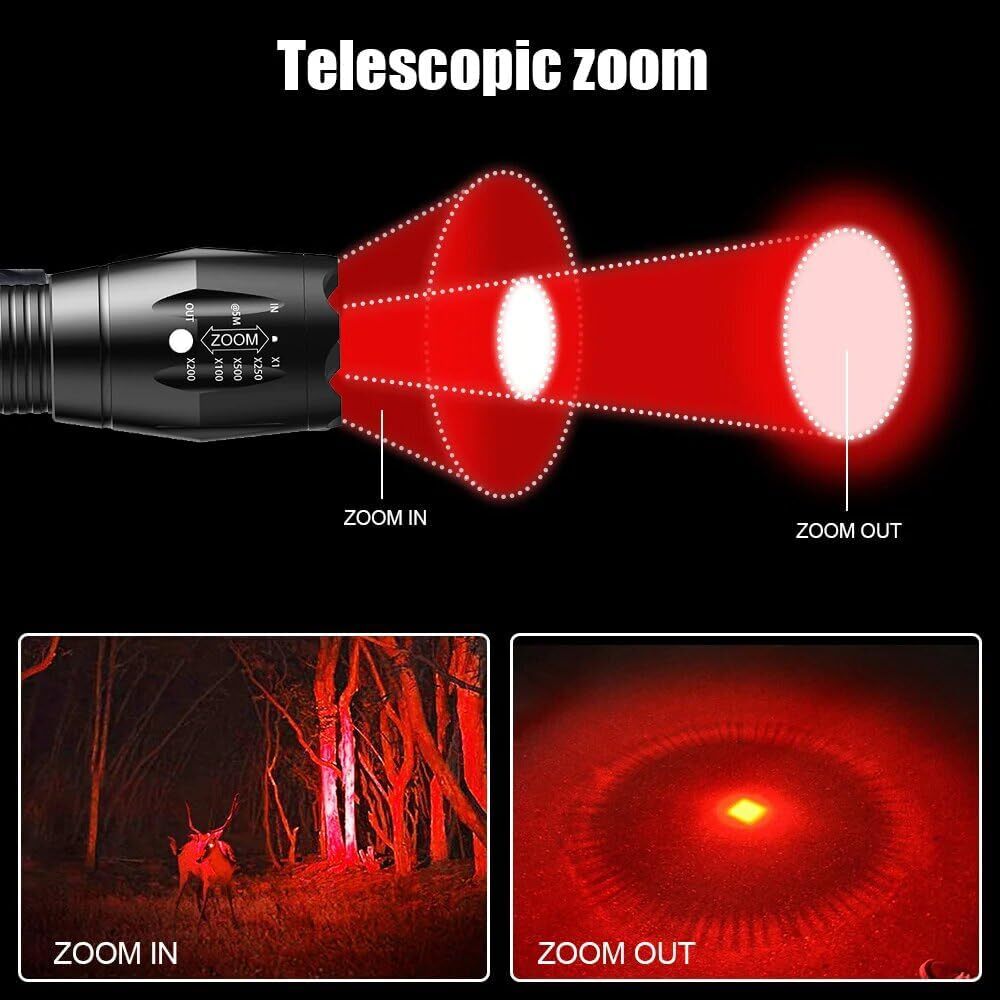 2 IN 1 White Light&Red Light LED Flashlight Zoomable Torch Built-in Battery