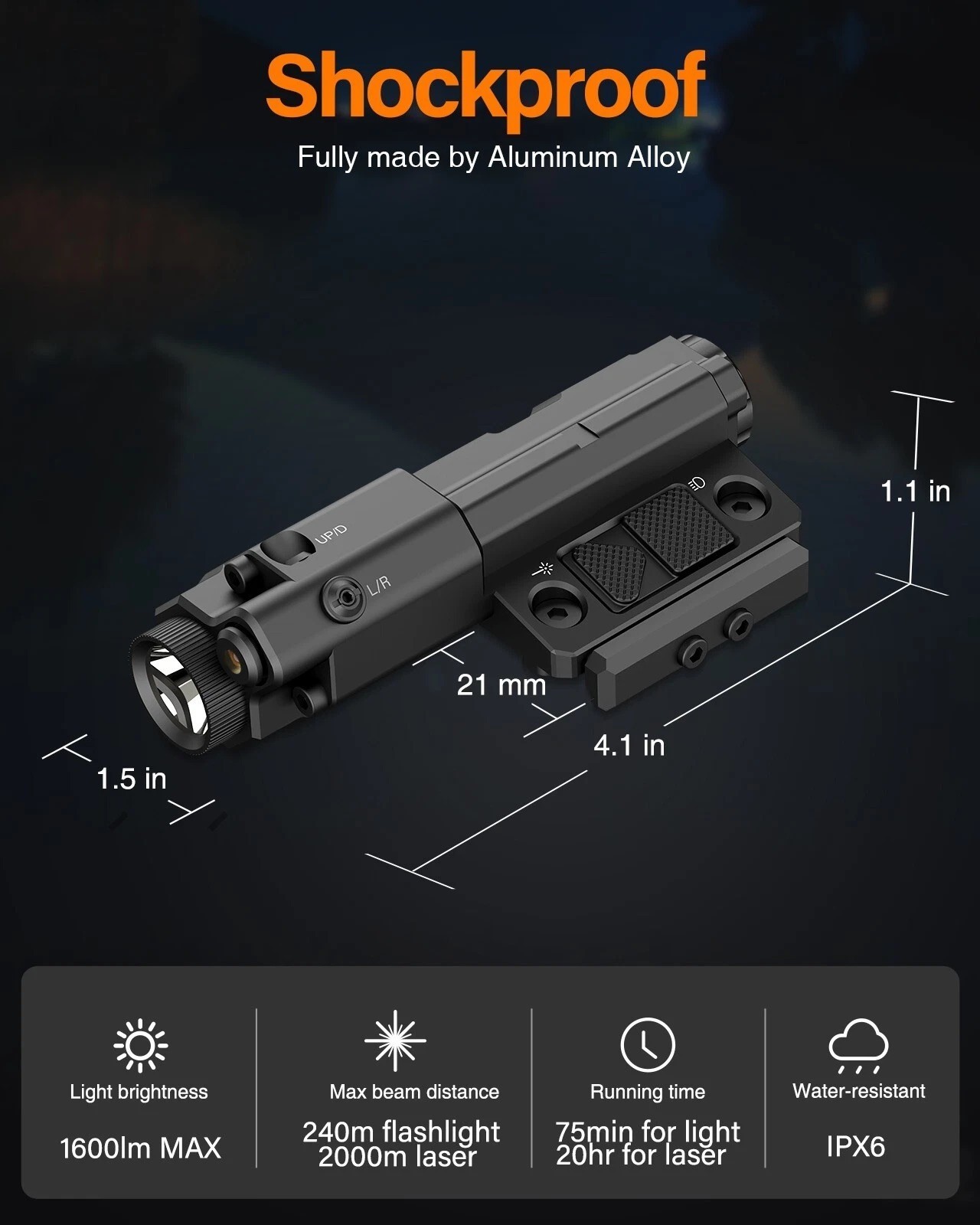 NSPEC 1600lm Flashlight & Green Laser Sight for Picatinny & M-Lok Dual Rail