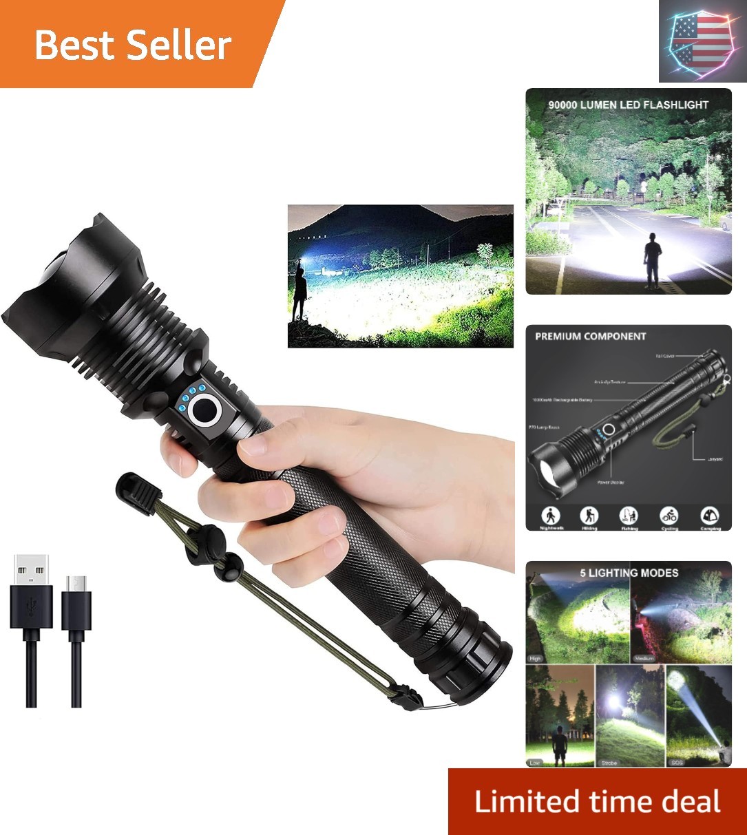 Rechargeable LED Flashlights High Lumens, 90,000 Lumens Super Bright Flashlig…