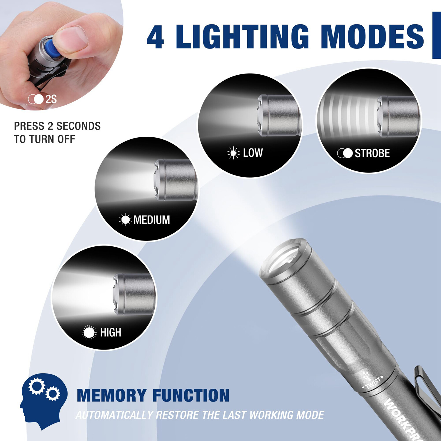 WORKPRO 2Pack Rechargeable Pen Light 4 Lighting Modes Handheld Pocket Flashlight