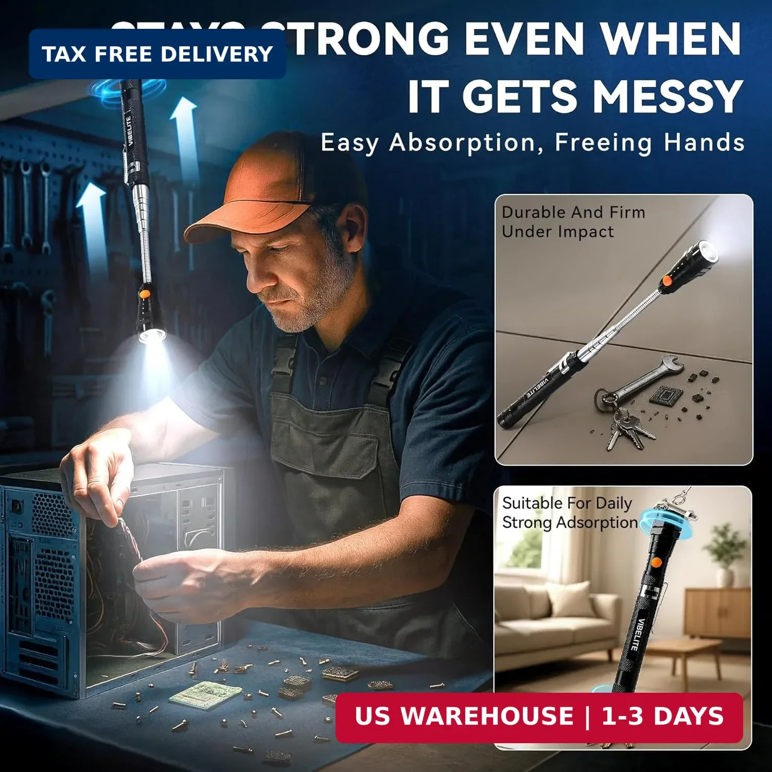 VIBELITE Extendable Magnetic Flashlight with Telescoping Magnet Pickup Tool-Fath