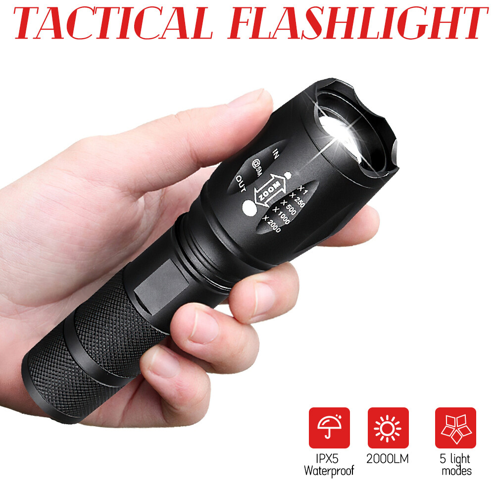 2 Pack Super-Bright LED Tactical Military Flashlight Torch 5 Modes Zoomable Lamp