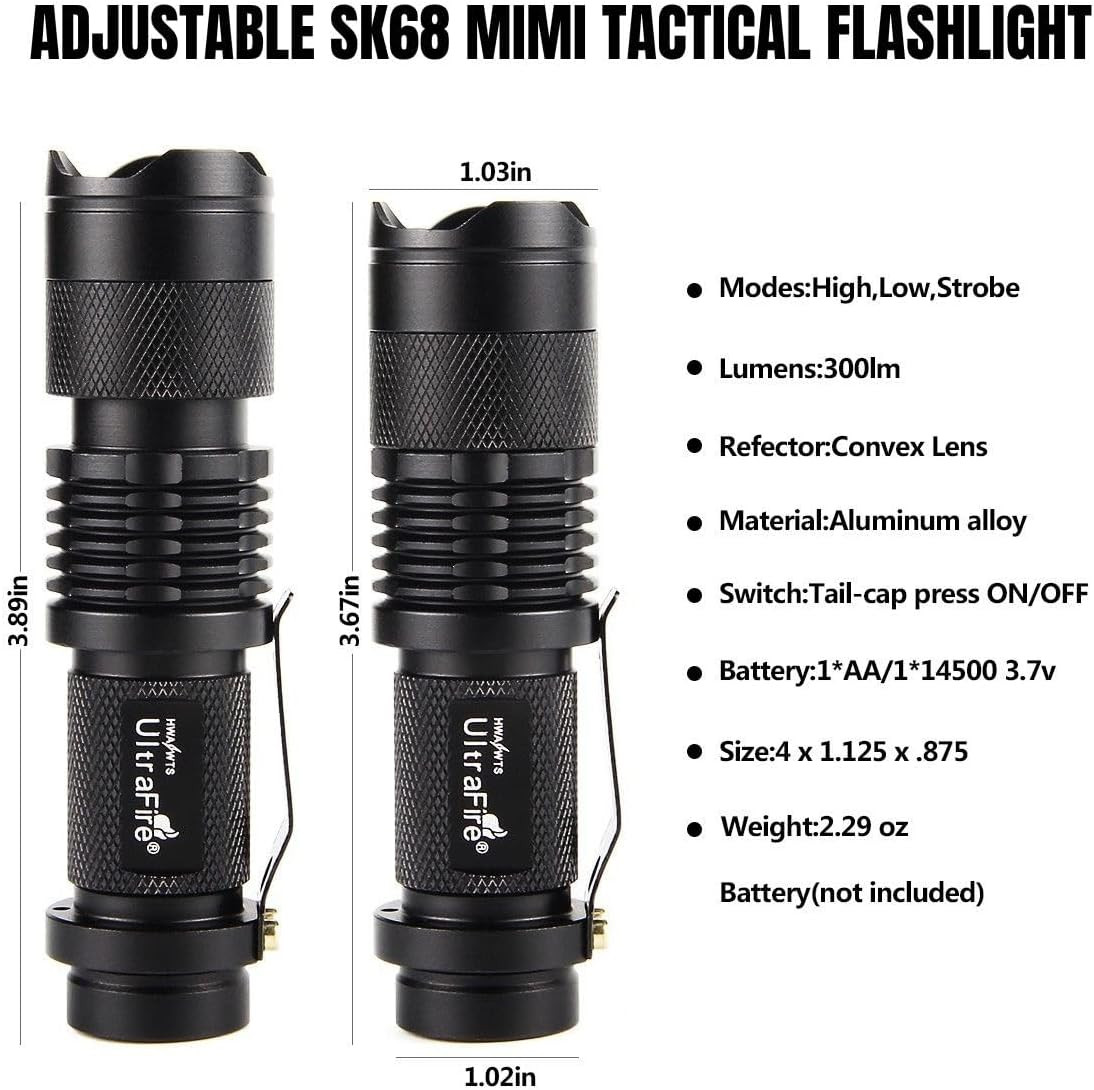 3 Pack Mini Flashlights Focus Adjustable SK68 Single Mode Tactical LED Flashligh