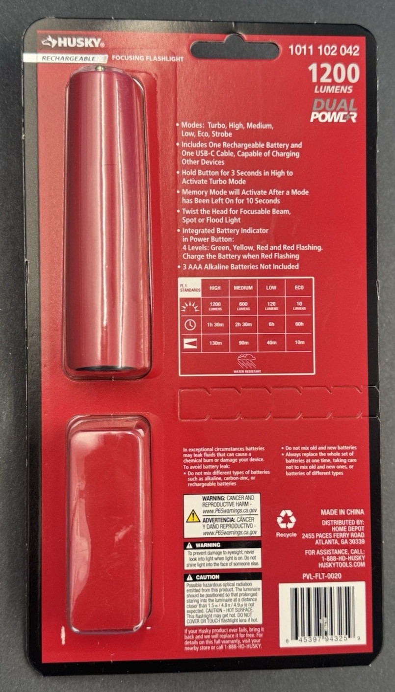 Husky 1200 Lumens Dual Power LED Rechargeable Focusing Flashlight New
