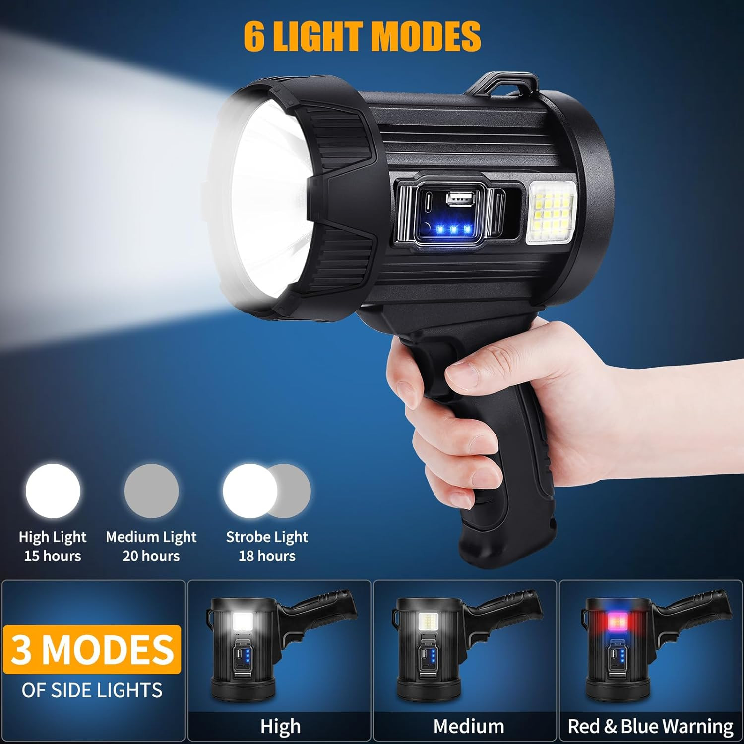 Rechargeable Spotlight, 99000 Lumens Bright LED Spotlight Flashlight, Long Runni
