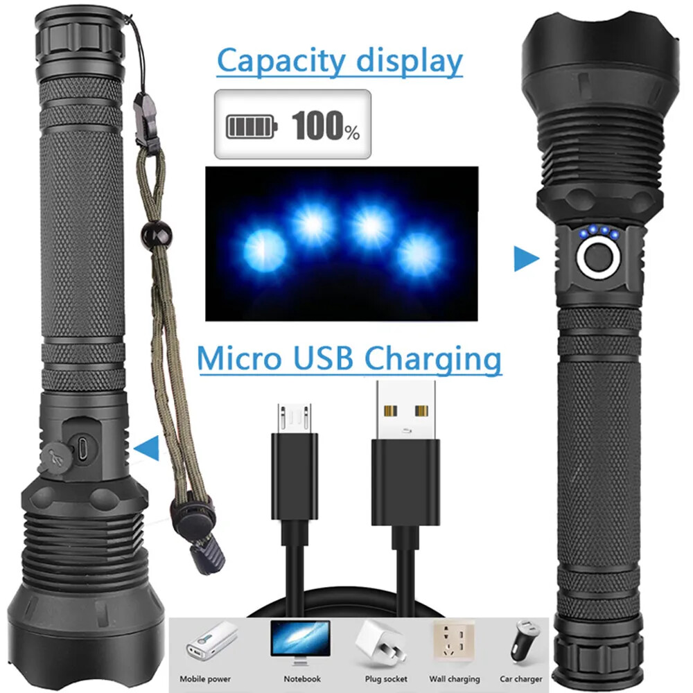 2500000LM Rechargeable XHP90 LED Flashlight Tactical Super Bright Zoom Torch