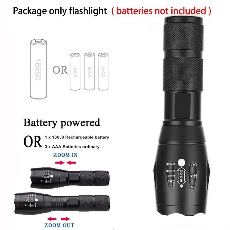 1 pcs Tactical 18650 Flashlight High Powered 5Modes Zoomable Aluminum
