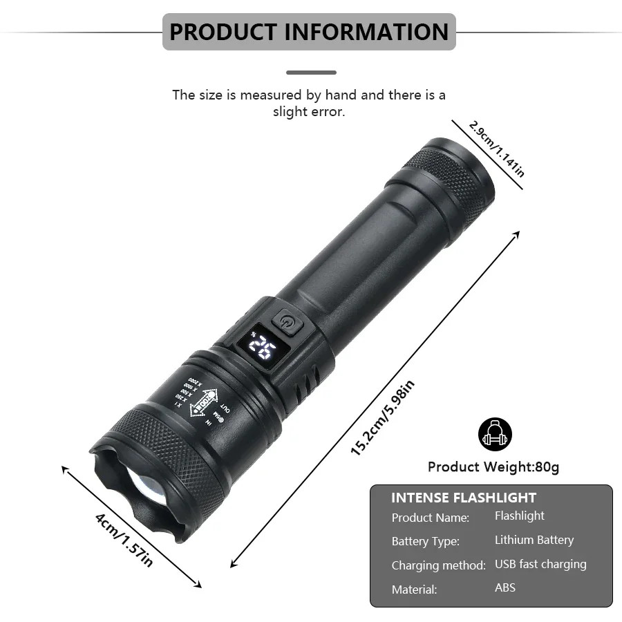 High Strong Power Led Flashlights 2000LM Tactical Torch with Display Light USB C