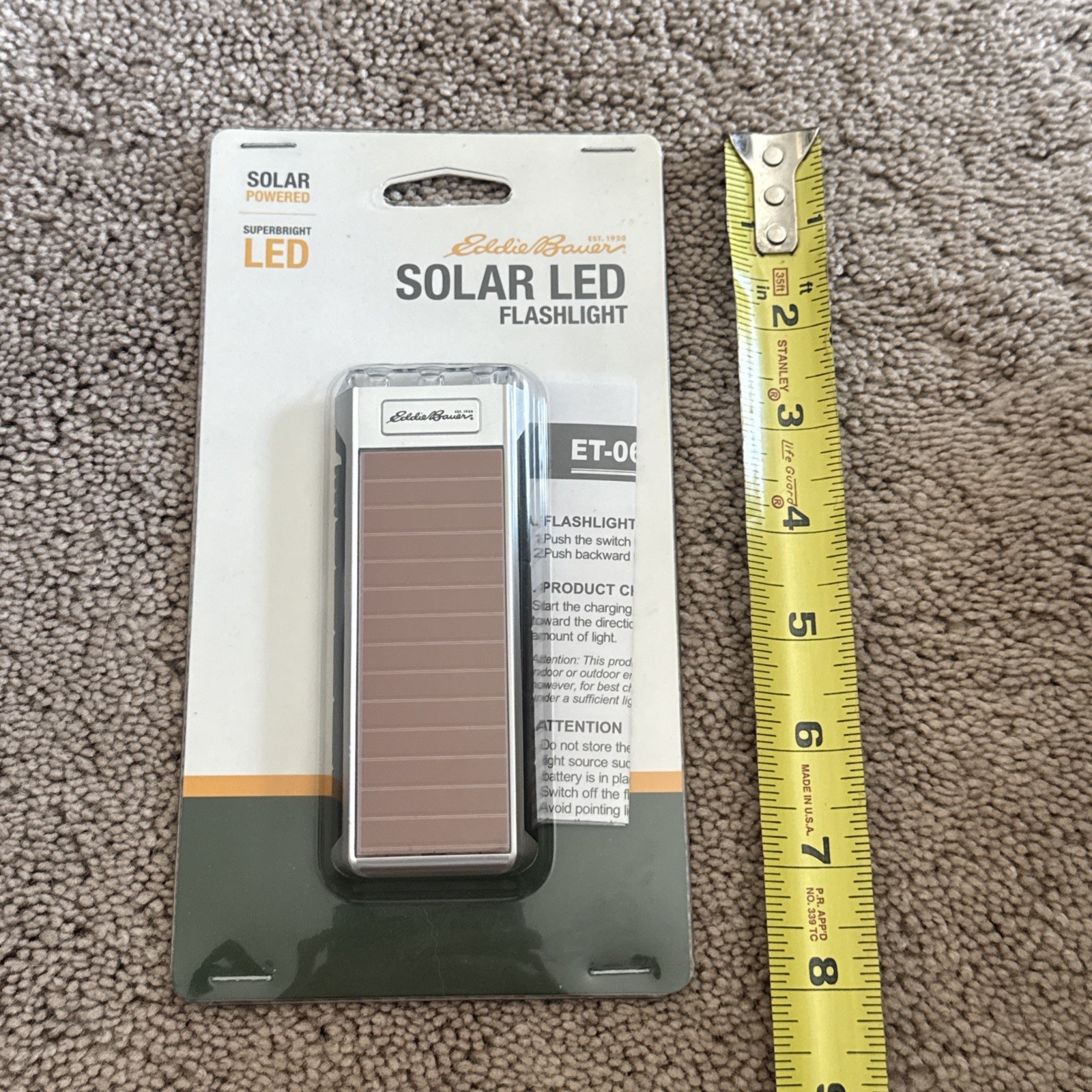 Eddie Bauer Solar LED Flashlight Camping Silver New Sealed Thin Sleek