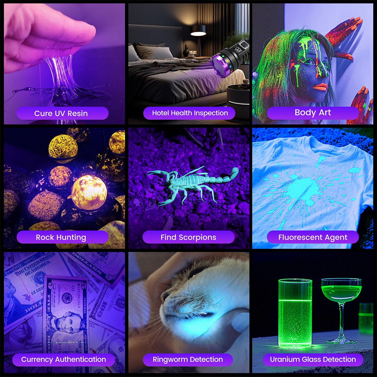 365 nm UV Light 30W LED Flashlight USB TYPE-C Charging Torch Urine Scorpion