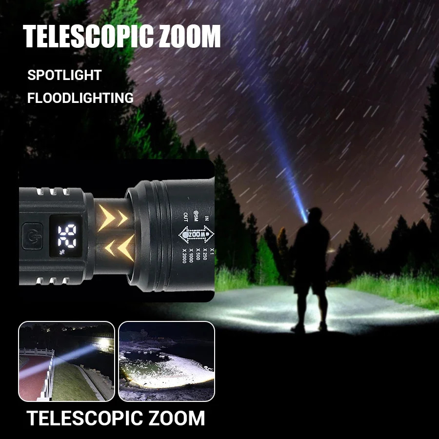 High Strong Power Led Flashlights 2000LM Tactical Torch with Display Light USB C