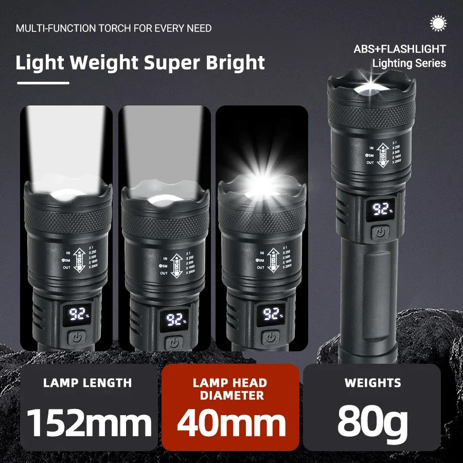 High Strong Power Led Flashlights 2000LM Tactical Torch with Display Light USB C