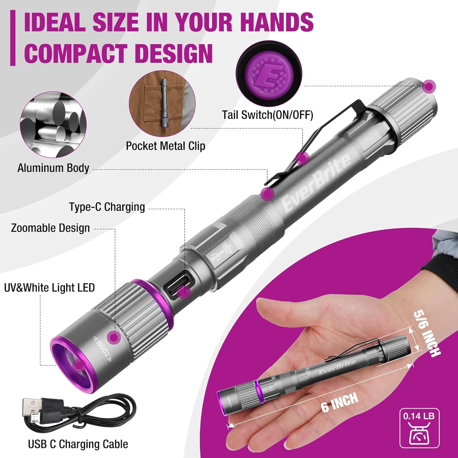 EverBrite Rechargeable Pen Flashlight with UV Light and White Light for Camping