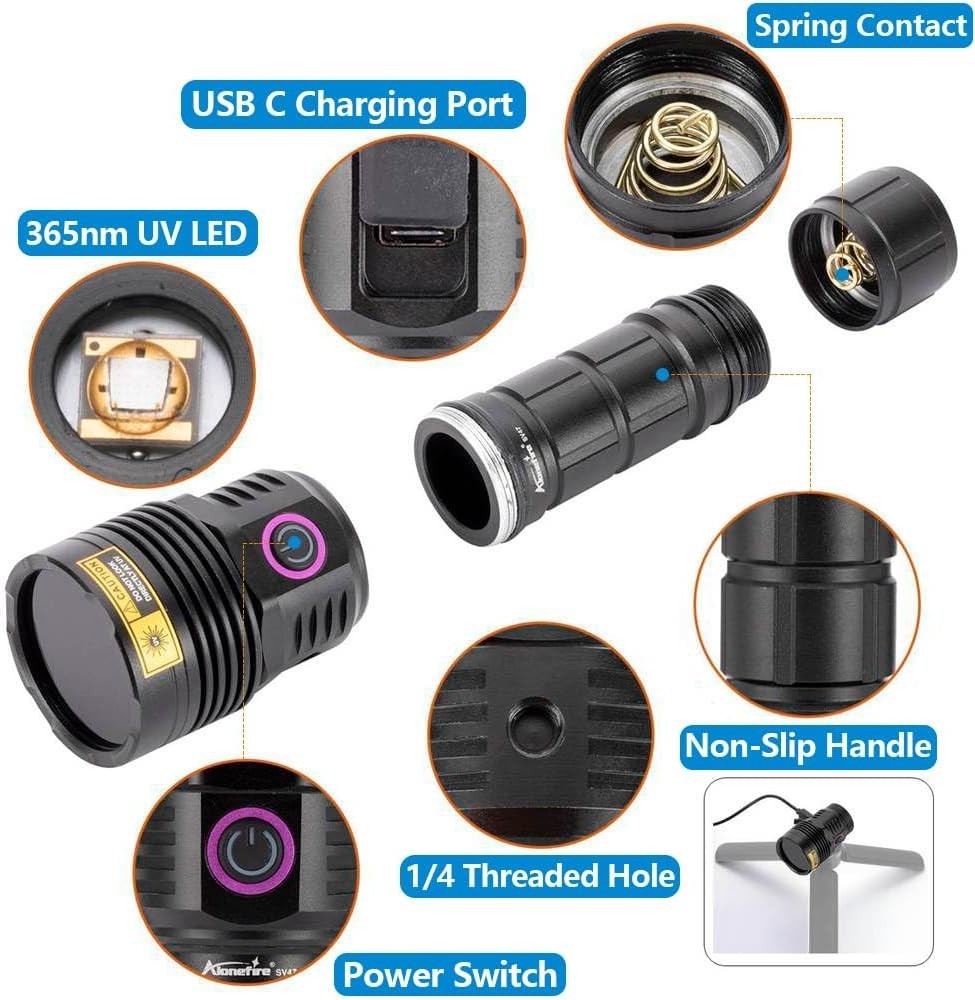 Alonefire SV47 12W 365Nm UV Flashlight USB Rechargeable Long Range Ultraviolet B