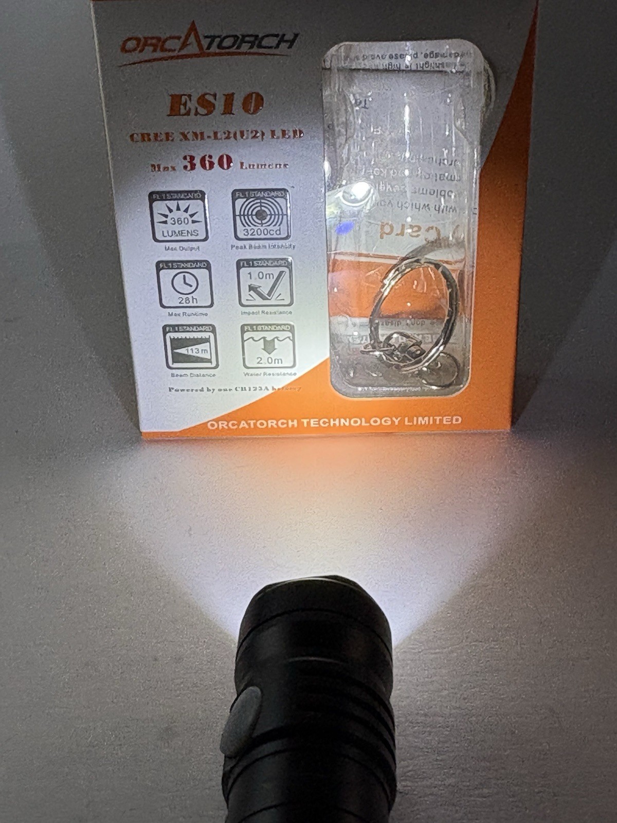 OrcaTorch ES10 LED Flashlight 360 Lumen CR123A EDC Torch w/ Box & Accessories
