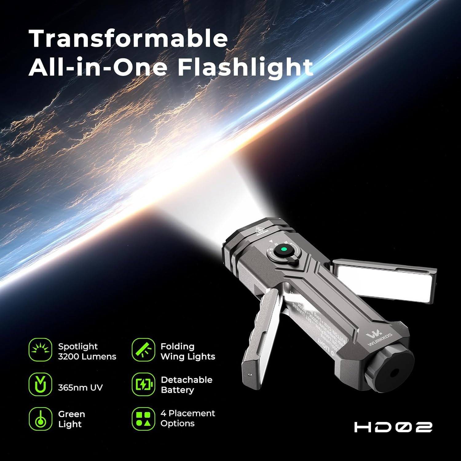 Wurkkos HD02 Flat LED Flashlight, Magnetic Deformation, 3200 Lumens, 5000 mAh Re