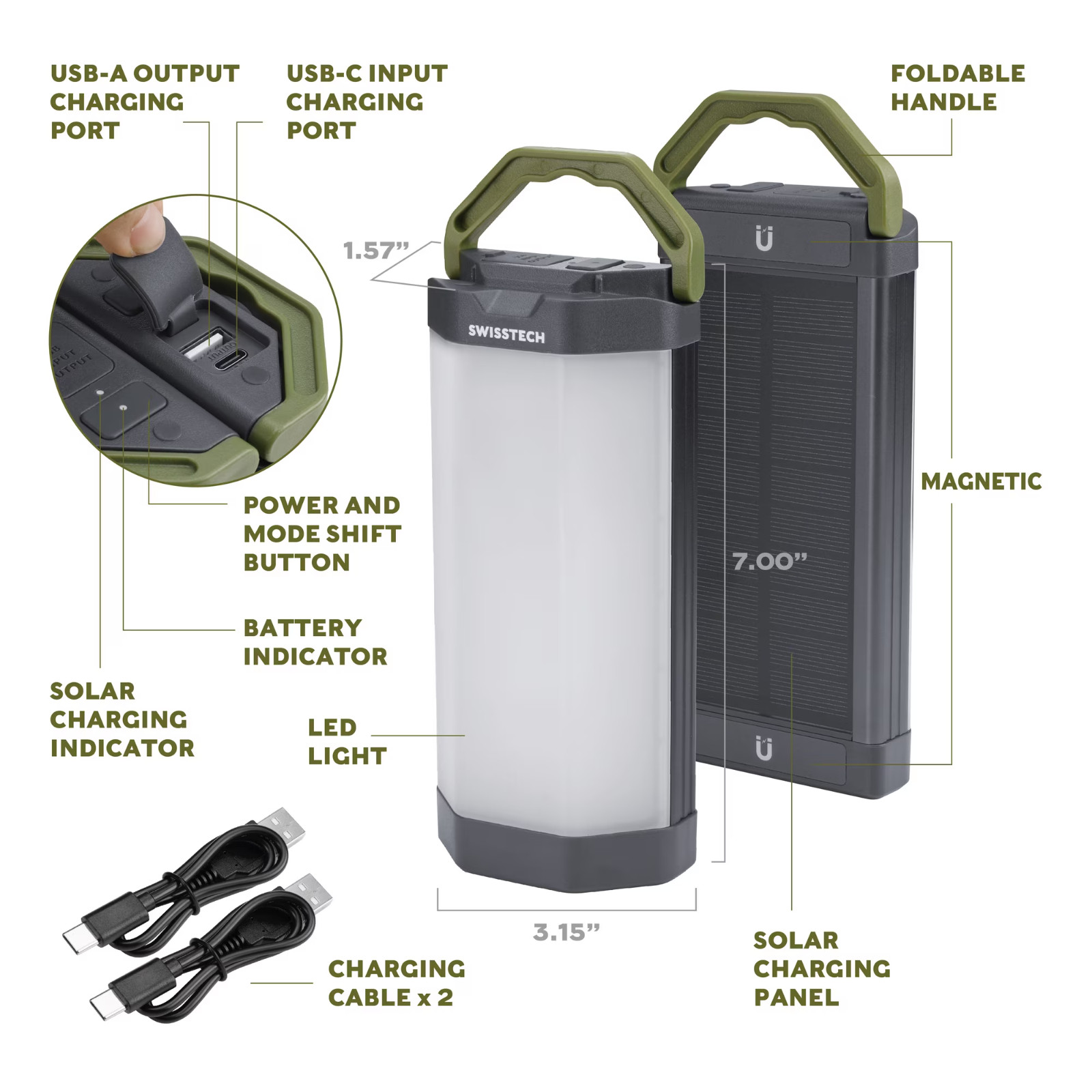 Swiss Tech 2000 Lumen Zweilen 2-Pack Solar Rechargeable Magnetic Lanterns, IP54