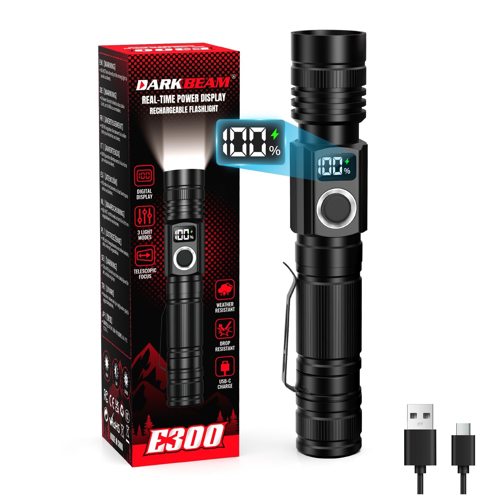 2800 High Lumens Flashlights with LED Power Display, Rechargeable