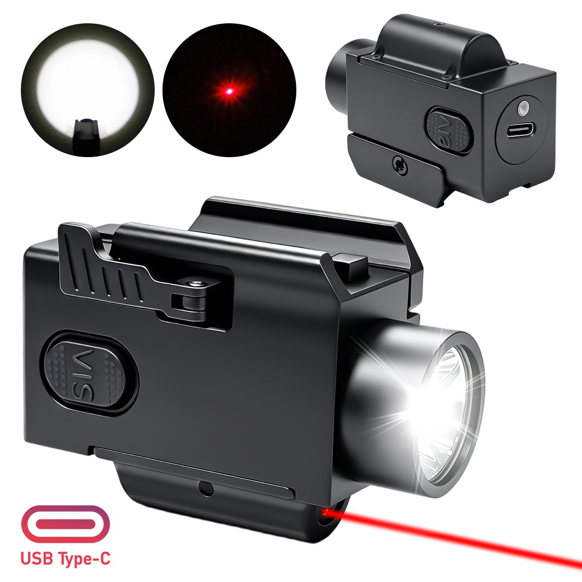 Mini LED Flashlight Light & Blue/Green/Red Laser Sight Combo USB Type-C Charging