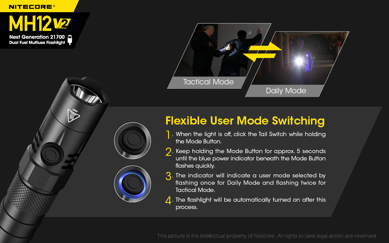 NiteCore MH12 V2 LED 1200 Lumens USB Rechargeable Flashlight Torch + Battery