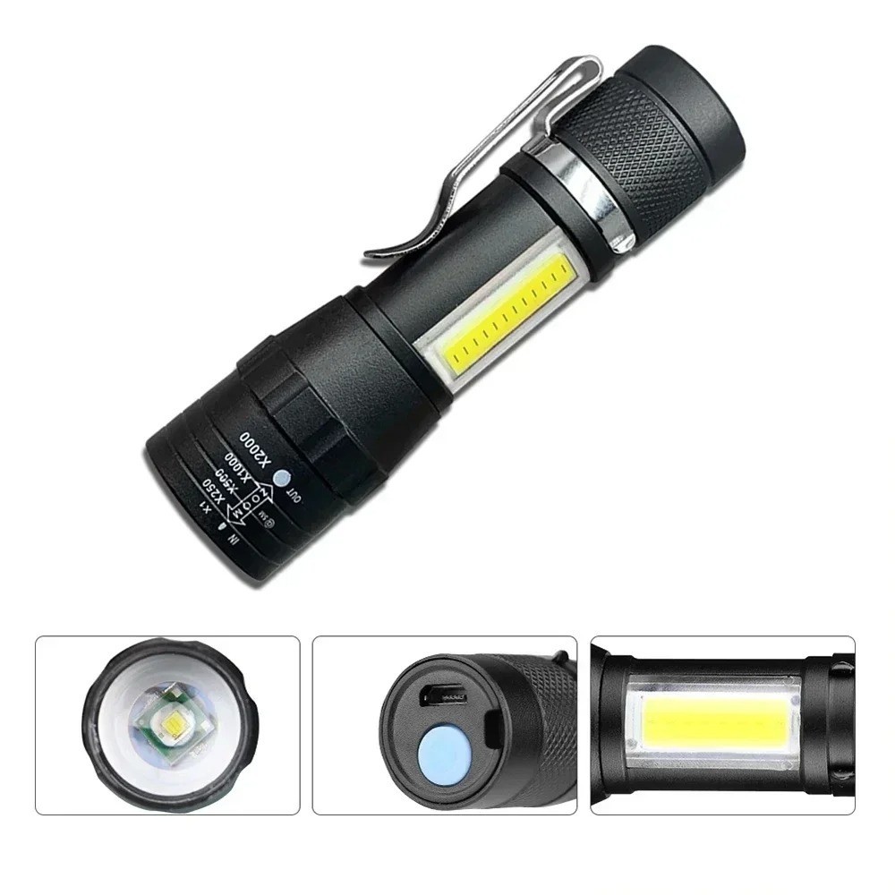 Mini COB XPE Flashlight USB Rechargeable Zoomable Torch Camping