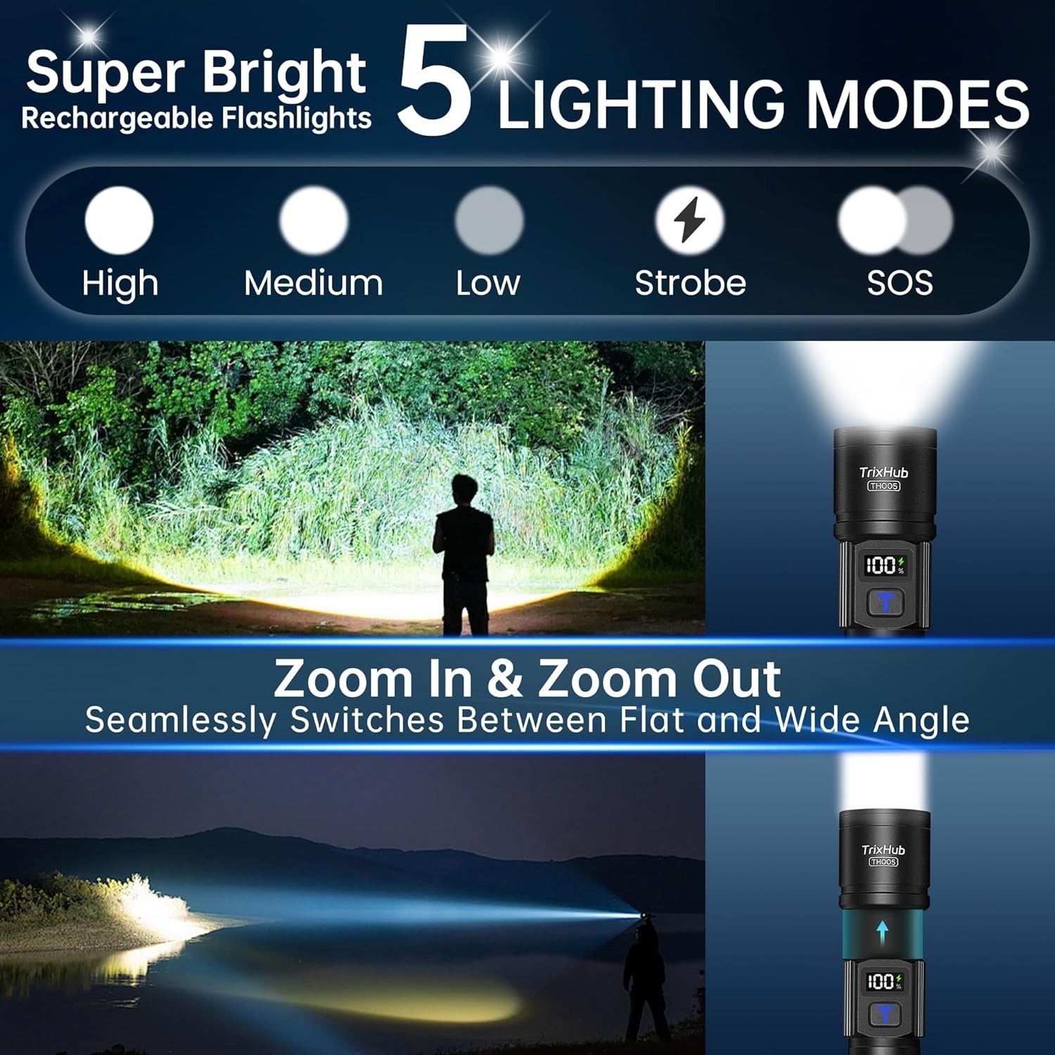 Rechargeable Flashlights 2 Pack, Super Bright High Lumens Flash Light, 5 Mode…