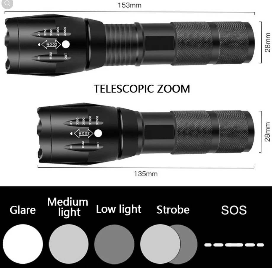 5 Modes Waterproof torch, Rechargeable LED Flashlight XML, UV White Light
