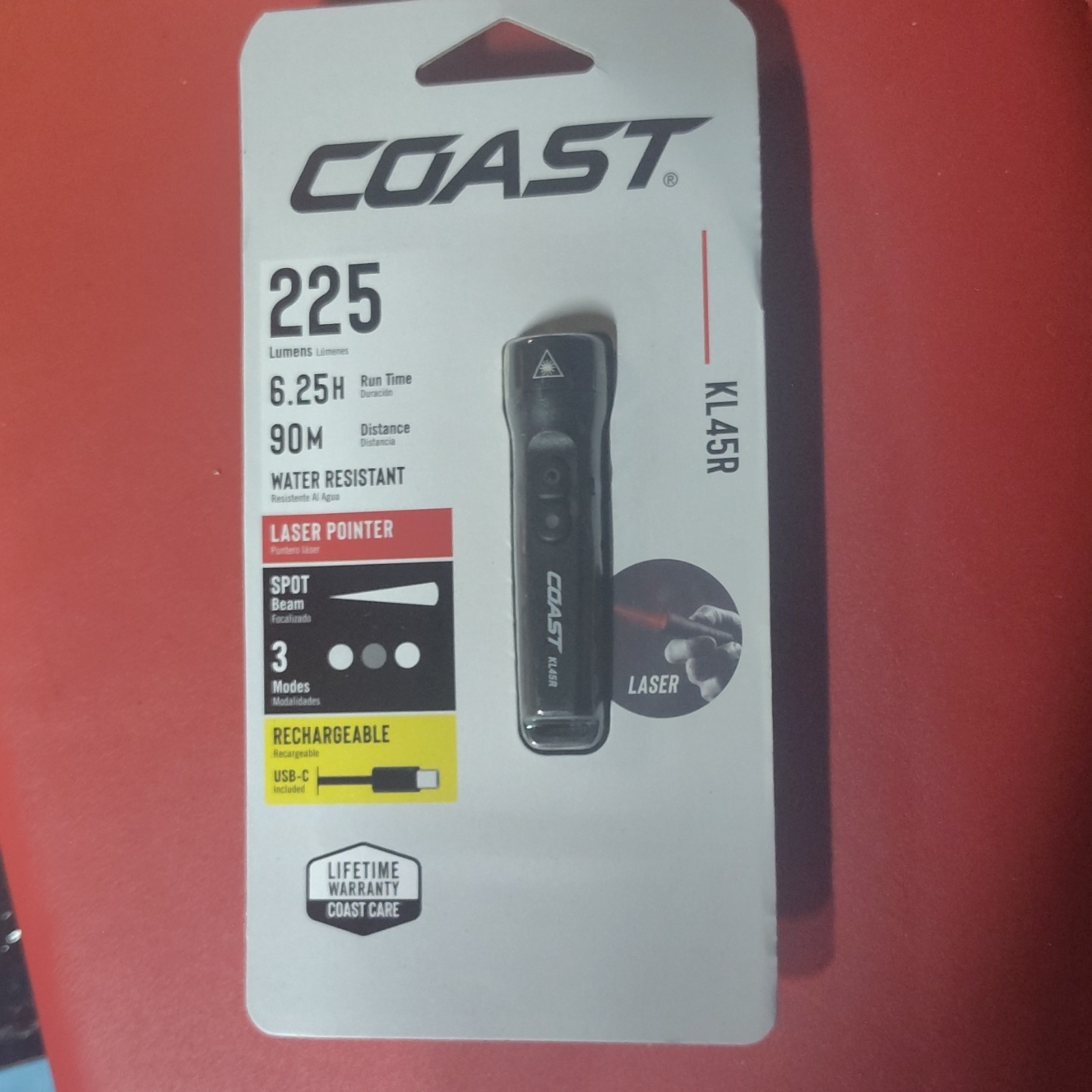 Coast KL45R Rechargeable LED Flashlight 225 Lumens w/ Laser Pointer, USB-C, IP54