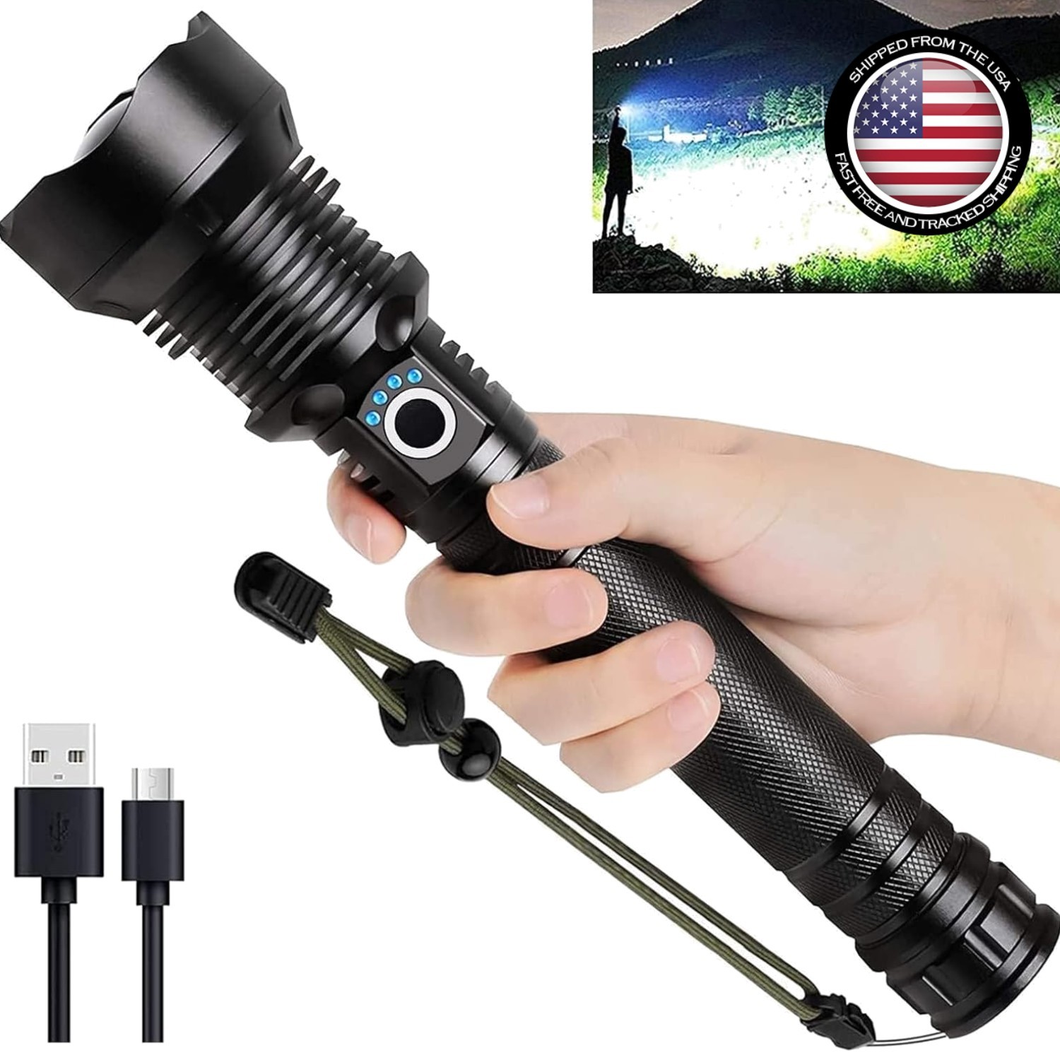 Powerful 99,000 Lumens Handheld Flashlight – 5 Modes & Rechargeable Convenience