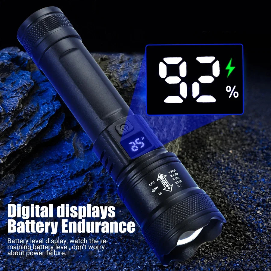 High Strong Power Led Flashlights 2000LM Tactical Torch with Display Light USB C