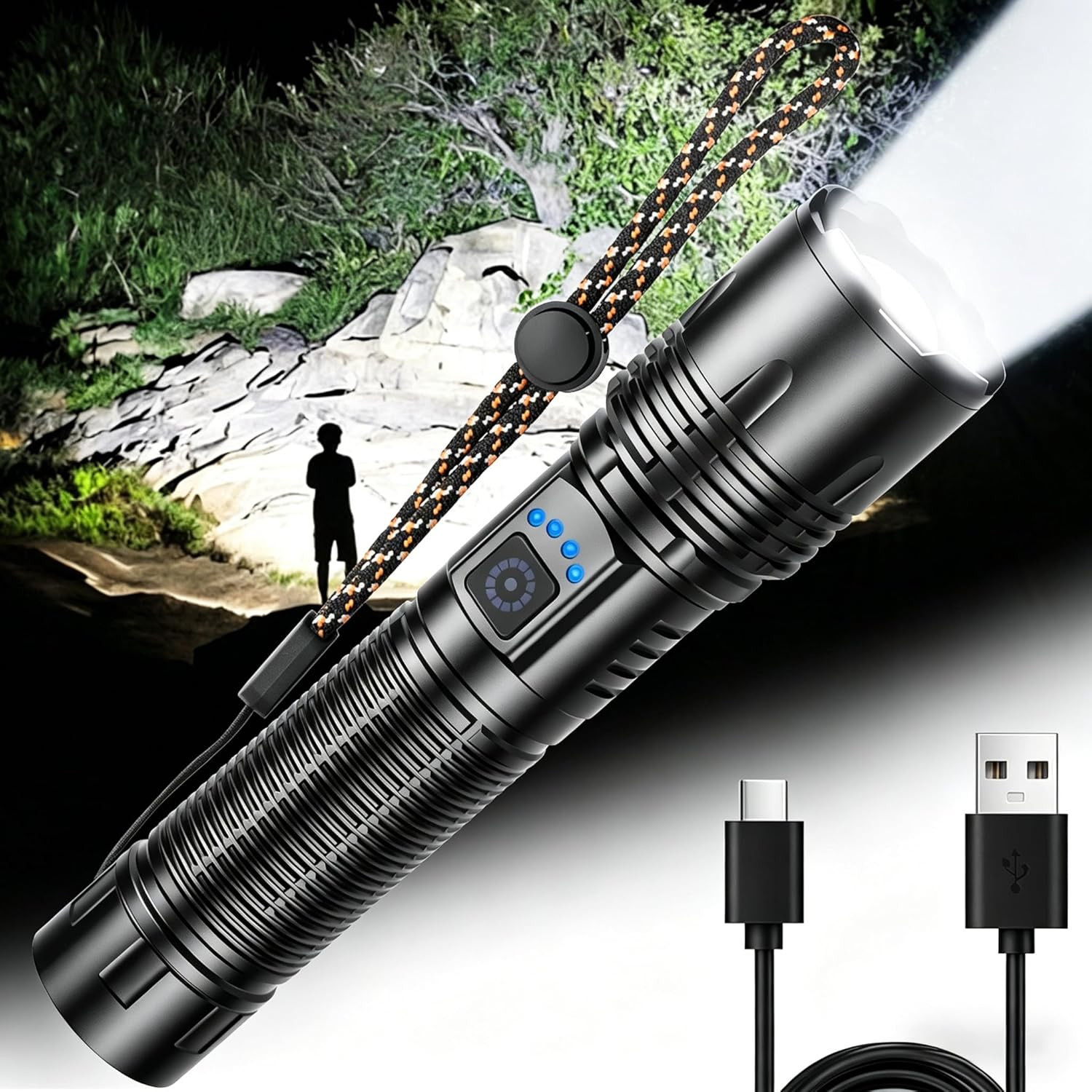 Rechargeable LED Flashlight High Lumens, 800M Long Range, 5 Modes Zoomable Tacti