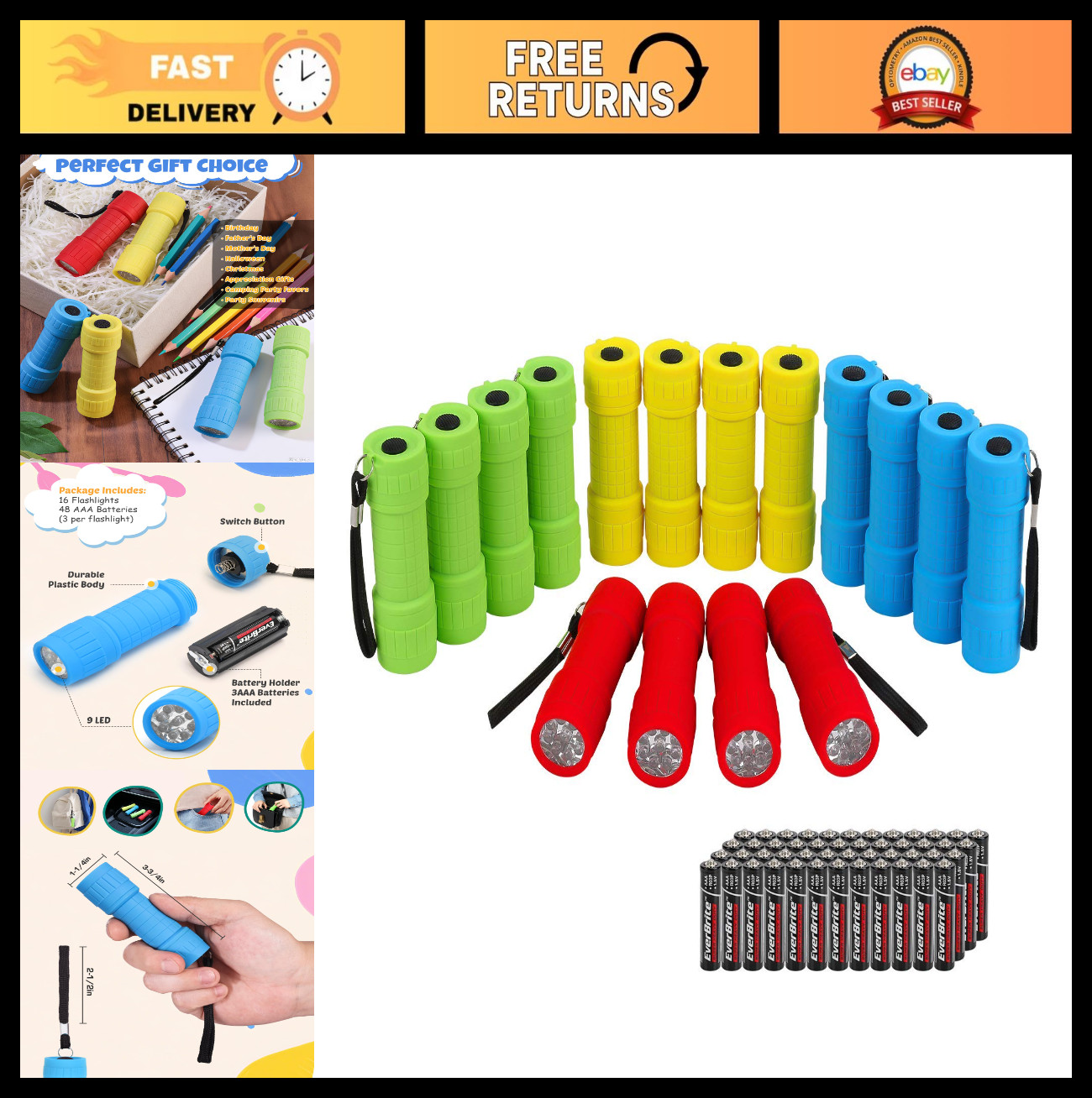 16-Pack Mini LED Flashlights with 48 AAA Batteries | Small Portable Lights for H