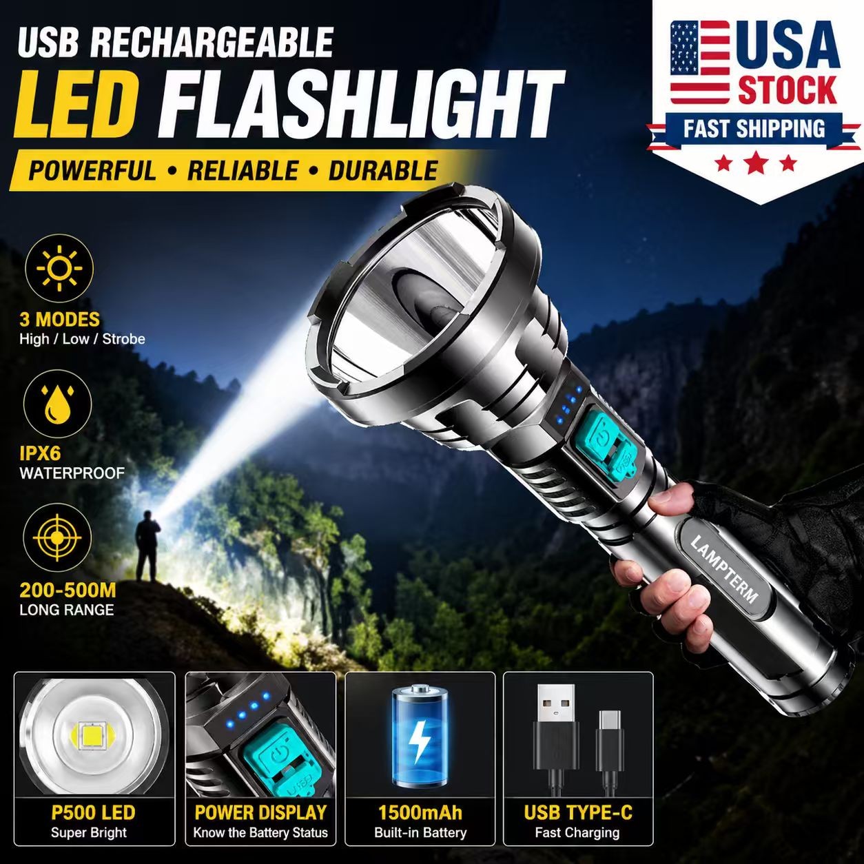 USB Rechargeable LED Flashlight Waterproof IPX6 Tactical Torch 3 Modes Outdoor