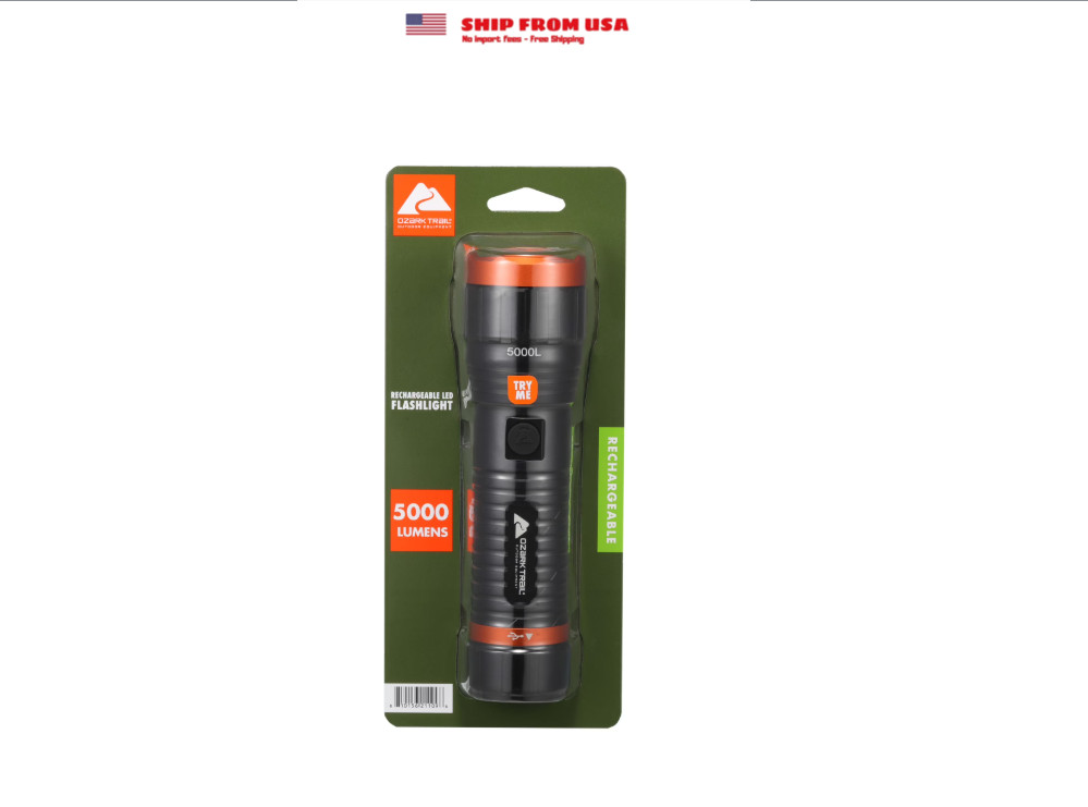 Ozark Trail LED Rechargeable Flashlight, 5000 Lumen, IPX4 Water Resistant, 10 Ho