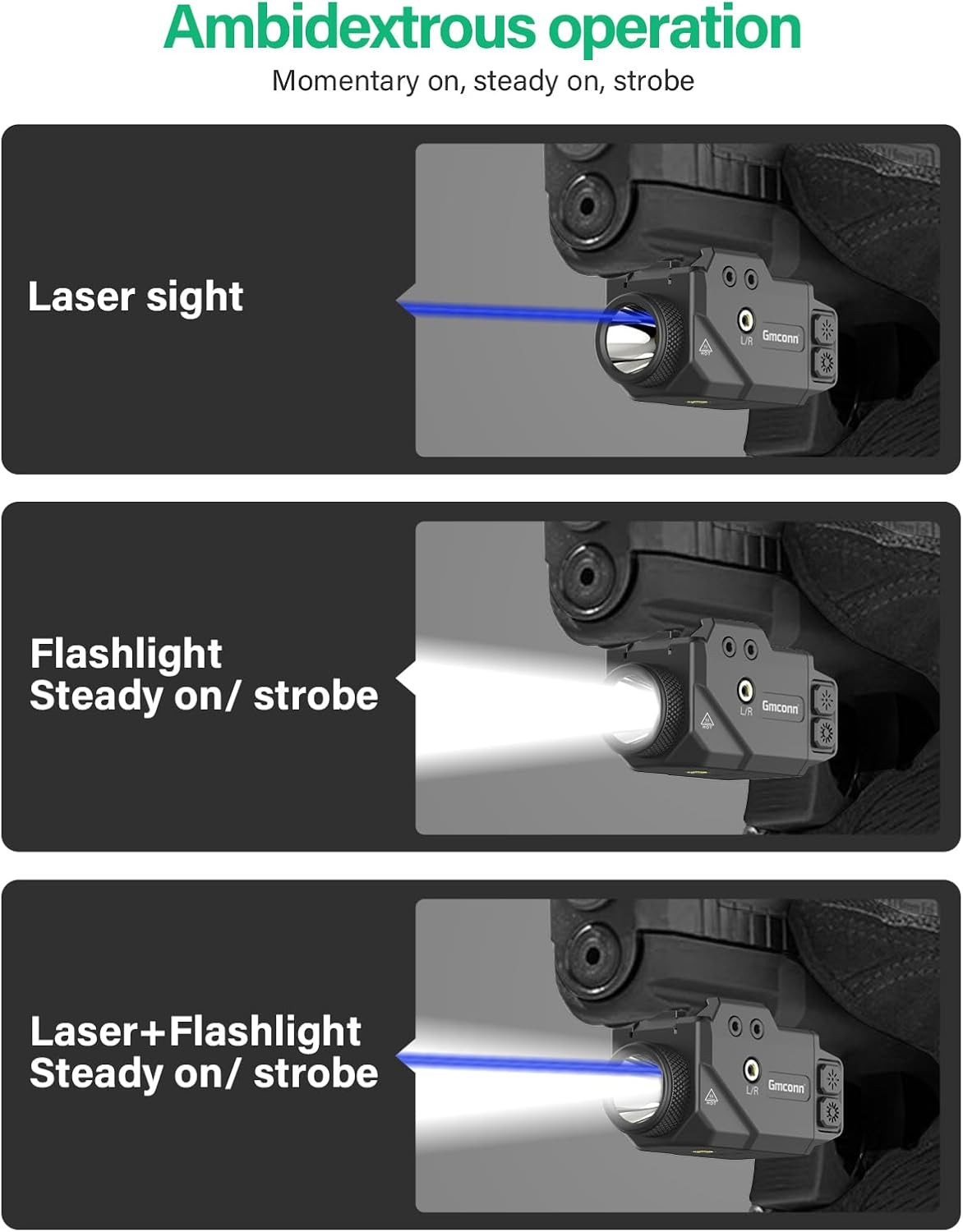 800 Lumen Tactical Flashlight Green Red Blue Laser LED Light Combo, Rechargeable