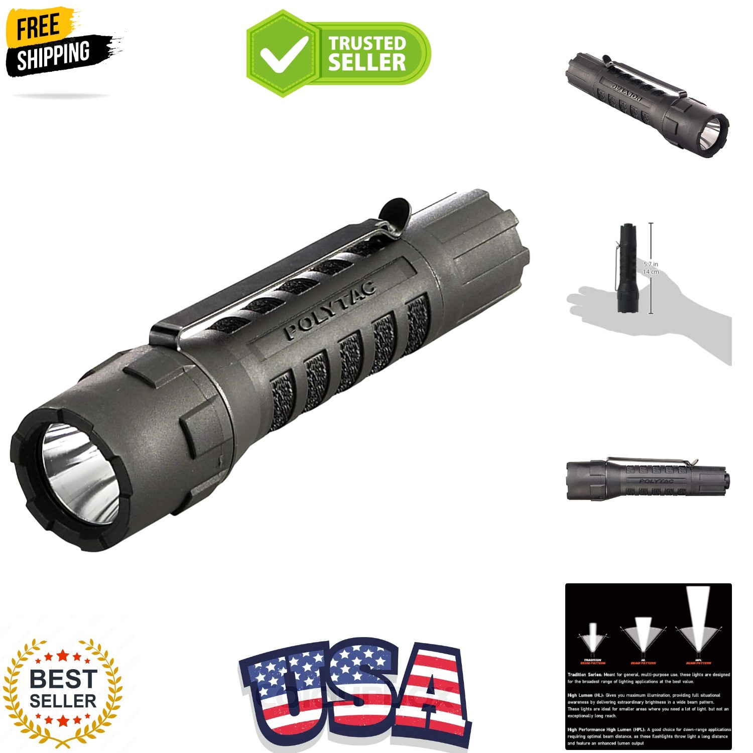 88850 PolyTac 600-Lumen 11500-Candela Tactical LED Flashlight, Ten-TAP Progra…