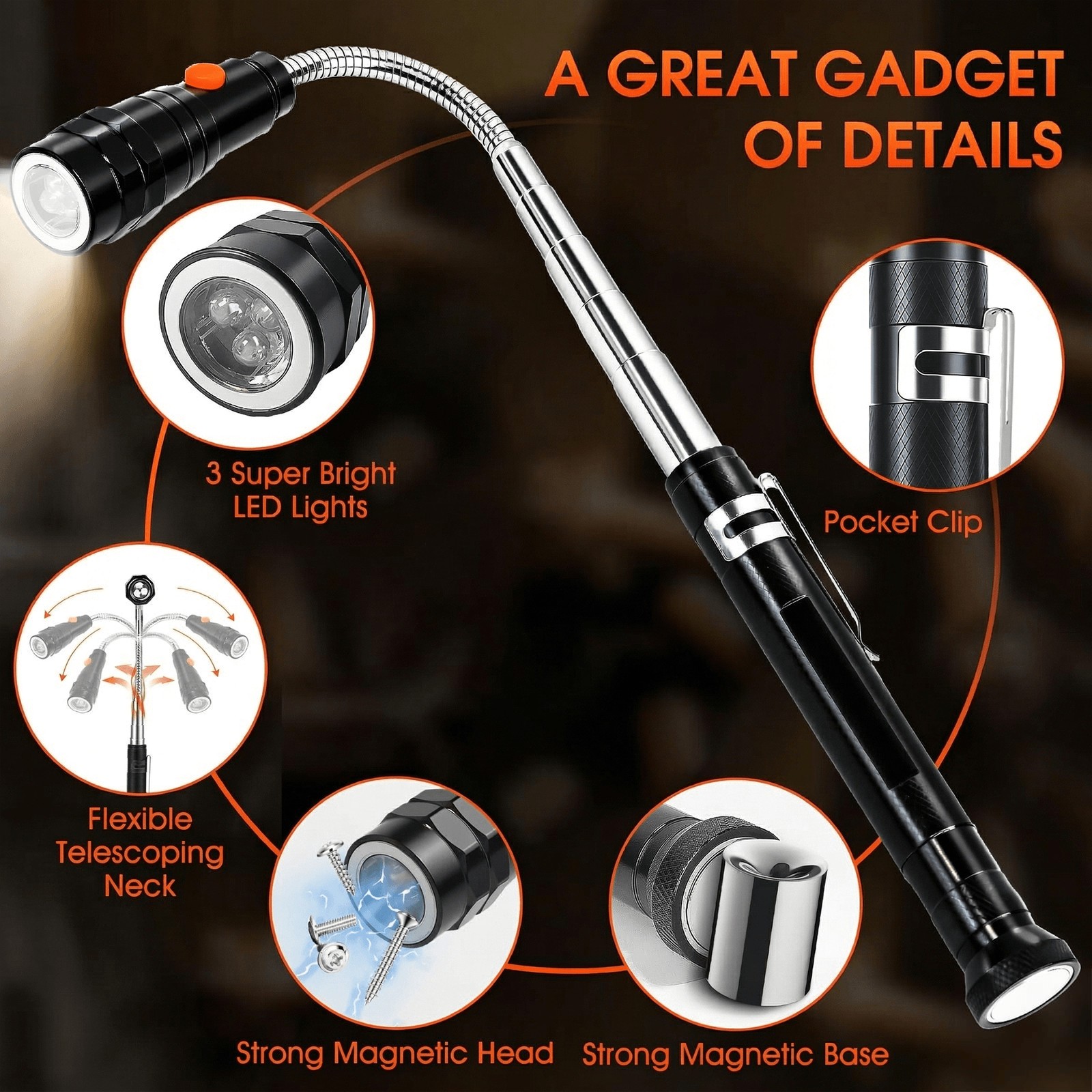 Portable Magnetic Pick Up Tool LED Telescopic Magnet Rod UK