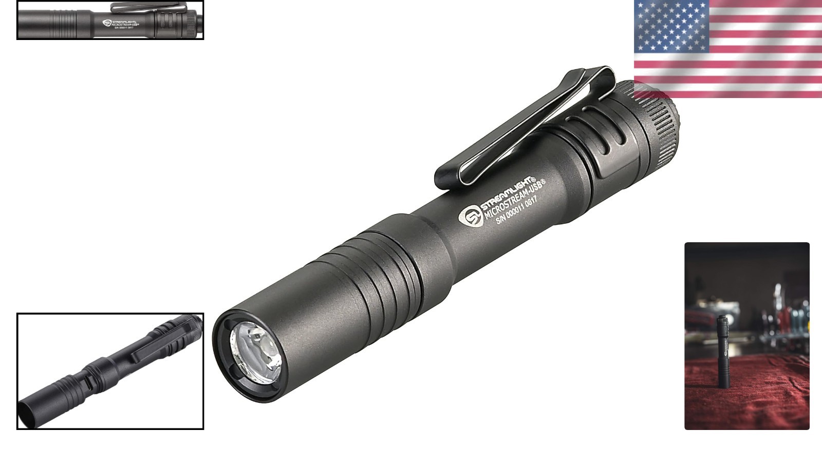 Compact 250-Lumen MicroStream LED Flashlight with Rechargeable Battery – Black