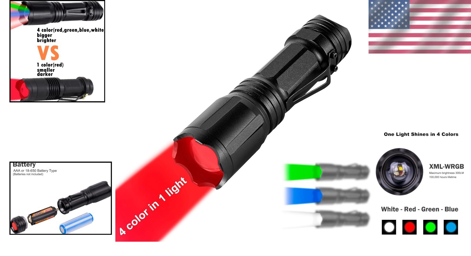 Multi-Color RGBW Zoomable Pocket Flashlight