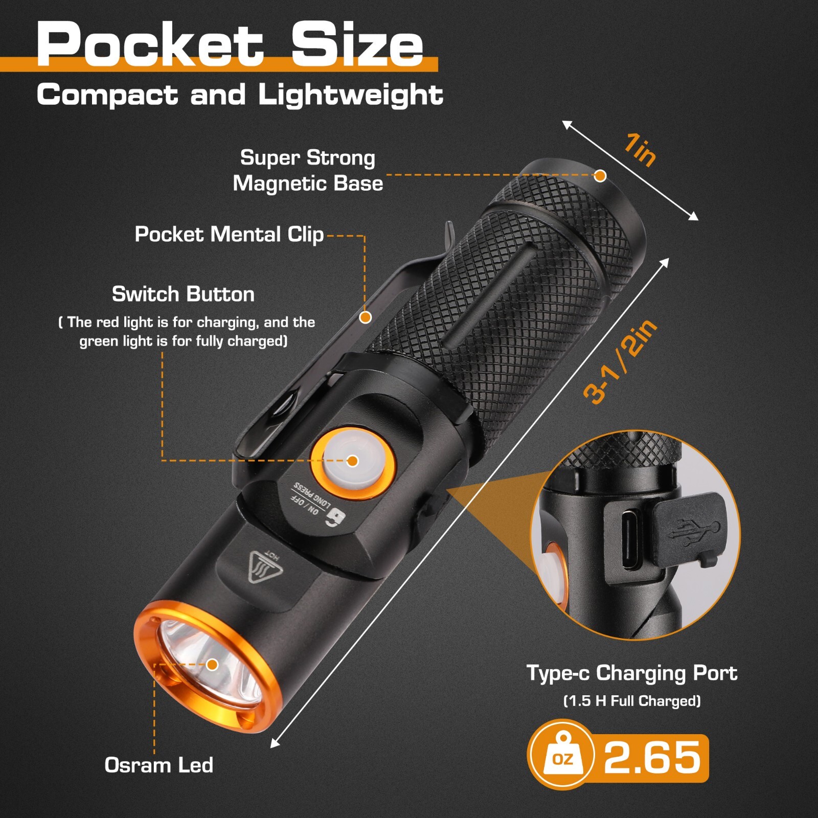 600 Lumens Tactical Flashlight, 90 Degree Pocket Pen Light with Magnet w/3 Modes